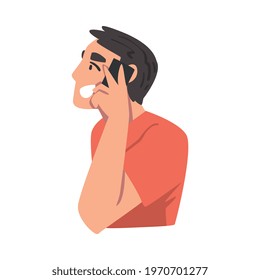 Side View of Cheerful Young Man Talking on Phone Cartoon Vector Illustration