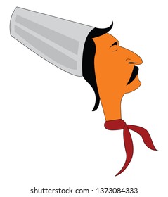 Vista lateral de un chef con sombrero blanco y pañuelo rojo con pelo negro y un dibujo o ilustración de color vectorial de bigote negro 
