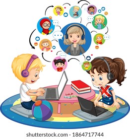 Side view of children using laptop for communicate video conference with teacher and friends on white background illustration