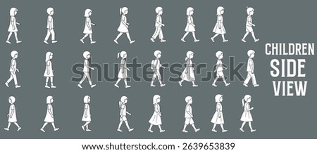 Side View Children Vector Illustration. Hand Drawn Boys and Girls in Various Poses Walking, Standing, and Playing for Architectural Drawings, Educational Layouts, and Urban Design Projects
