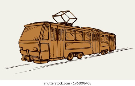Side view classic antique tramline on white way backdrop. outline black ink hand drawn fast auto machine ride drive tour logo pictogram emblem design in ancient art doodle cartoon style on text space
