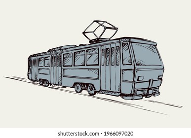 Paseos en tranvía por los rieles. Dibujo de vectores