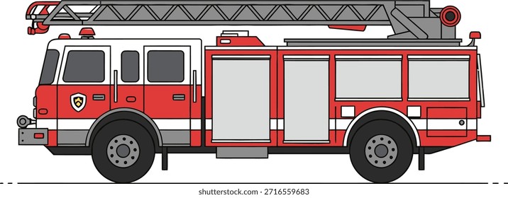 Vista lateral de un clásico motor de bomberos rojo y blanco con una Grande escalera extensible, representada en un estilo de ilustración simple y gráfica.