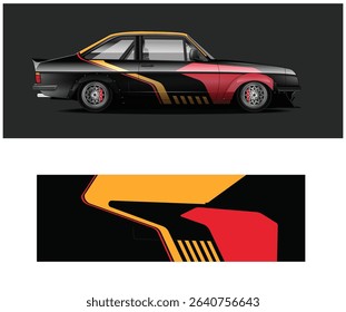 Side view of a classic vintage race car with a custom black, red, and yellow racing livery design. Includes template.
