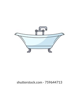 Side View Clawfoot Bathtub, Bath Tub With Chrome Faucet, Hand Drawn Cartoon Vector Illustration Isolated On White Background. Side View Drawing Of Bathtub With Water Facet And Douche