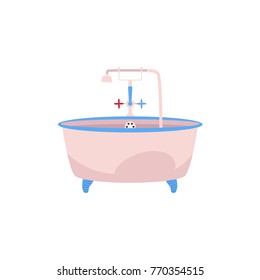 Side View Clawfoot Bathtub, Bath Tub With Faucet, Cold And Hot Water Handles And Douche, Cartoon Vector Illustration Isolated On White Background. Side View Cartoon Bathtub With Water Facet And Douche