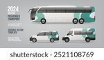 Side view Coach Bus, passenger Van and corporate Car mockup with abstract green branding design. Business passenger transport with abstract brand identity. Brandind bus. Editable vector template