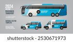 Side view Coach Bus, passenger Van and Company Car mockup with abstract blue branding design. Business passenger transport with abstract brand identity. Brandind bus. Editable vector template