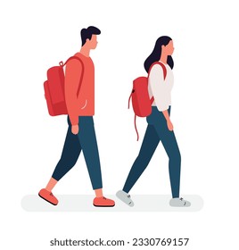 Side view of a college students walking with backpack. 