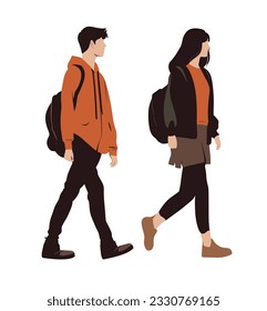 Side view of a college students walking with backpack. 