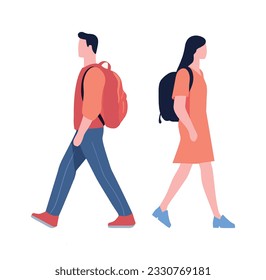 Side view of a college students walking with backpack. 