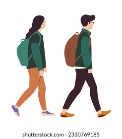 Side view of a college students walking with backpack. 