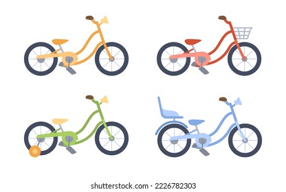 Side view of colorful bicycles vector illustrations set. Personal transport with and without baskets isolated on white background. Transportation, traveling, outdoor activity, sports concept