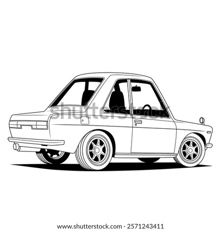 a side view of a compact, classic car with detailed line art, showcasing its wheels, windows, and body contours, making it interesting for its clean and precise illustration style