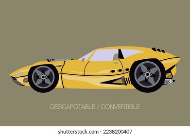 side view of convertible custom car, flat design, fully editable