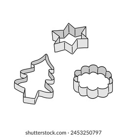 Side view of cookie cutters in different shapes, star, round, Christmas tree, doodle style vector