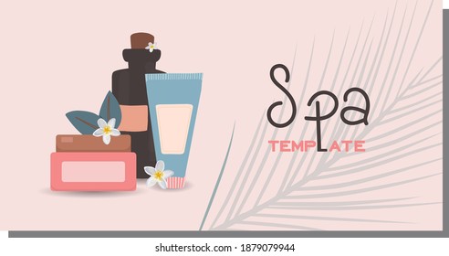 Side view of cosmetic products with ingredients, light pink backgorund.Concept of spa and relaxation.Horizontal banner for a beauty salon.