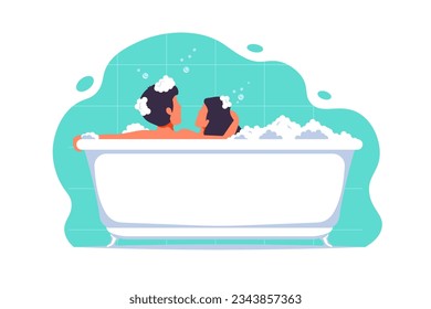 Side view, Couple human in bathtub on isolated background, Vector illustration.