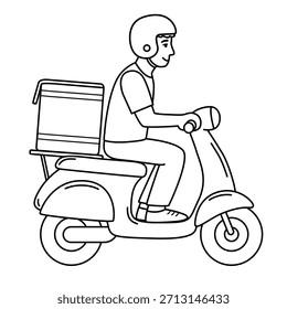 Vista lateral de un mensajero con un casco y un Grande bolso cuadrado en un ciclomotor eléctrico de dos ruedas. Comida y entrega de comestibles. Ilustración vectorial aislada en un fondo blanco