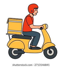 Vista lateral de un mensajero con un casco rojo y una Grande mochila cuadrada en un ciclomotor eléctrico de dos ruedas. Comida y entrega de comestibles. Ilustración vectorial aislada en un fondo blanco
