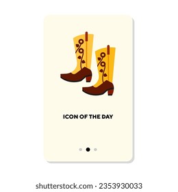 Side view of cowboy boots with ornament flat icon. Vertical sign or vector illustration of Wester shoes for running or walking element. Footwear, fashion for web design and apps