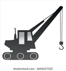 Side view of a crawler crane silhouette, featuring a hook, ready for lifting operations.