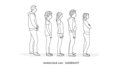 Side view of creative business people standing in row. Line drawing vector illustration.