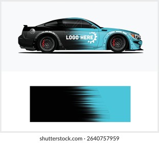 Side view of a custom designed black and teal sports car with a halftone pattern and space for a logo.