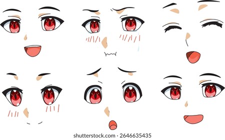 Side View Cute Anime Girl Facial Expression Set Vector