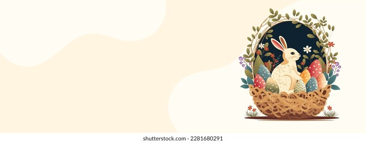 Side View of Cute Bunny Character With Colorful Eggs Inside Floral Basket On Beige Background And Copy Space. Happy Easter Day Concept.