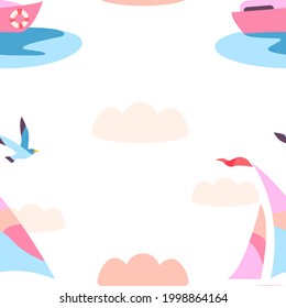 Side view of cute doodle sailboat isolated on white background. Boat with sails. Colorful nautical ship. Colored flat vector illustration. Ship with seagull pattern
