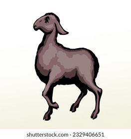 Side view cute funny small goat kid leg go look ranch zoo field text space scene. Gray black hand drawn big herd old muslim islam cartoon art fun hoof beast baby retro ancient bible artist logo emblem