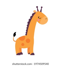 Side View of Cute Giraffe, Adorable Baby Animal Character Cartoon Vector Illustration