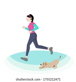 Side view of a cute girl and her dog cartoon wearing colorful sportwear is jogging, running ,idea concept for health care.