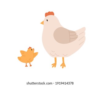 Side view of cute hen and yellow chicken isolated on white background. Mom listen to funny baby bird flapping its wings. Colored flat vector illustration