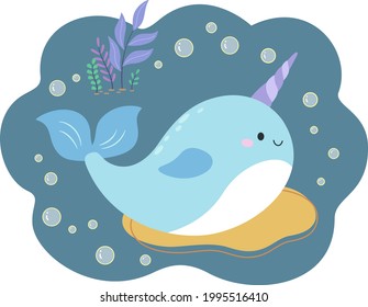 Side view of cute narwhal with many bubbles and grass in the background