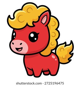 Side view of a cute sitting fire horse looking back with a happy and chubby expression.