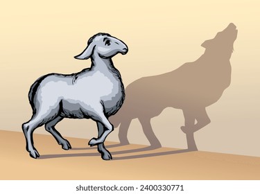 Side view cute young bible goat ewe pet stand howl look white wall text space Black hand drawn old herd ram vintage biblic art sketch trust good dog liar bad lie tale fox hunt meat food prey trap logo