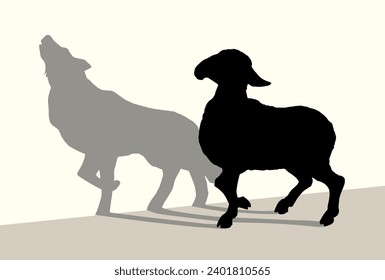 Side view cute young bible goat ewe pet stand howl look white wall text space Black hand drawn old herd ram vintage biblic art sketch trust good dog liar bad lie tale fox hunt meat food prey trap logo