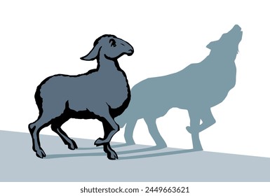 Side view cute young bible goat ewe pet stand howl look white wall text space Black hand drawn old herd ram vintage biblic art sketch trust good dog liar bad lie tale fox hunt meat food prey trap logo