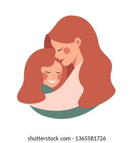 Side view of Cute young mother embracing her daughter with love. Vector illustration isolated from white