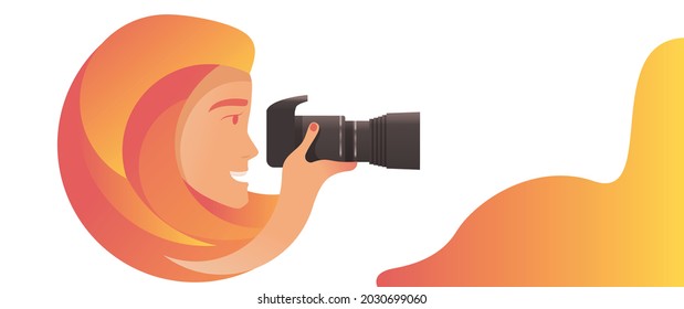 Side view of a cute young woman taking a picure of someone or, maybe something. And she is extremely excited with that. Photographer woman with camera in her hand vector flat design illustration. 