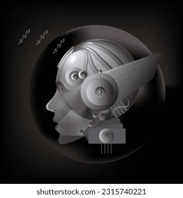 side view of a cyborg's head imitating human face, cyborg innovation in the real world of science.