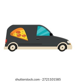 Side view of a dark gray pizza delivery van delivering hot fresh pizza to customers
