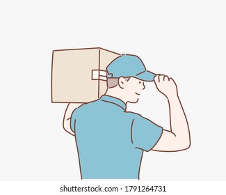 Side view of delivery man with box. Hand drawn style vector design illustrations.