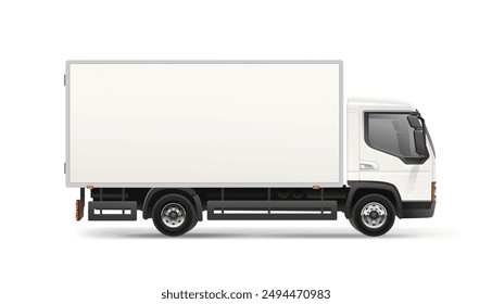 Side view Delivery Truck blank mockup. White Cargo Van with space for text or your branding design - realistic editable vector template isolated on white background. Horizontal blank for AD banner