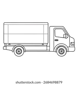 Vista lateral de um caminhão de entrega com uma grande área de carga em um estilo de contorno simples, adequado para temas de transporte