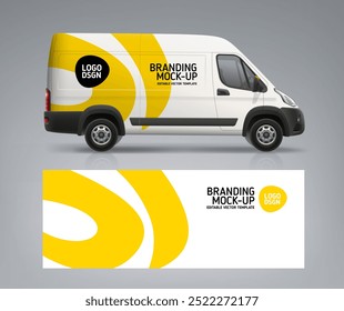 Side view Delivery Van mockup with yellow branding design. Cargo Van with space for advertising text, logo or your branding design. Branding Van. Horizontal AD banner. Editable vector template