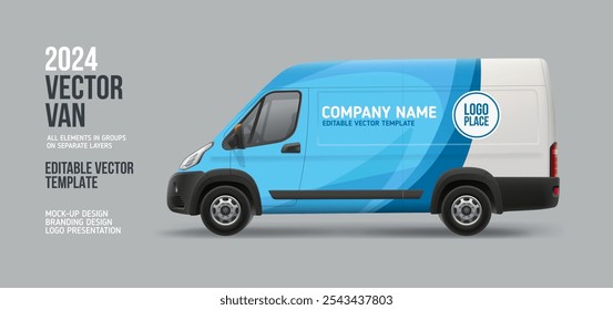 Side view Delivery Van mockup with abstract blue branding design. Delivery vehicle brand identity.  Editable vector