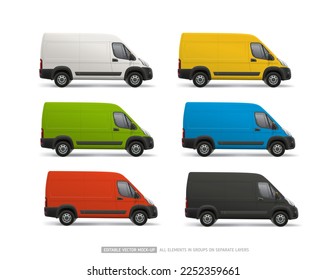 Side view Delivery Van realistic vector template set. White, red, yellow Van for Branding and promo advertising design. Black and blue Cargo Van isolated on white background